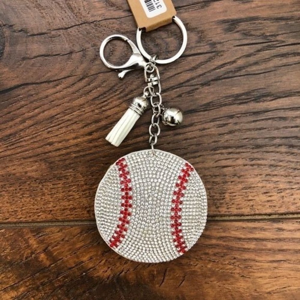 Puffed Rhinestone Baseball Key Chain Purse Charm - Picture 4 of 8